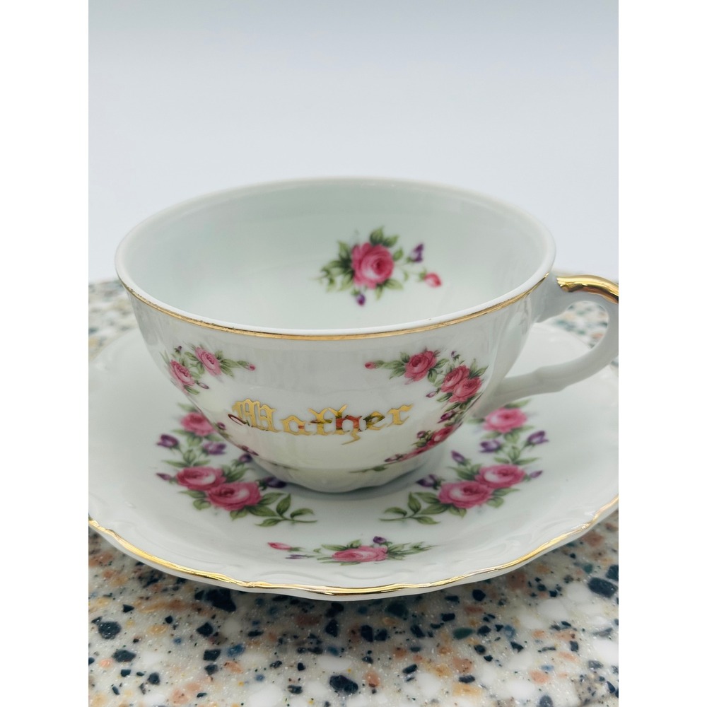 Norcrest Fine China Mother Teacup and Saucer Set Pink Roses Gold Trim - Picture 2 of 6